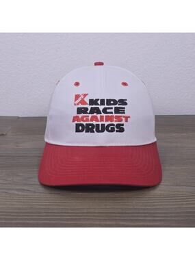 Vintage 90s Kmart Kids Race Against Drugs Hat Cap White Red Snap Back Runs Small